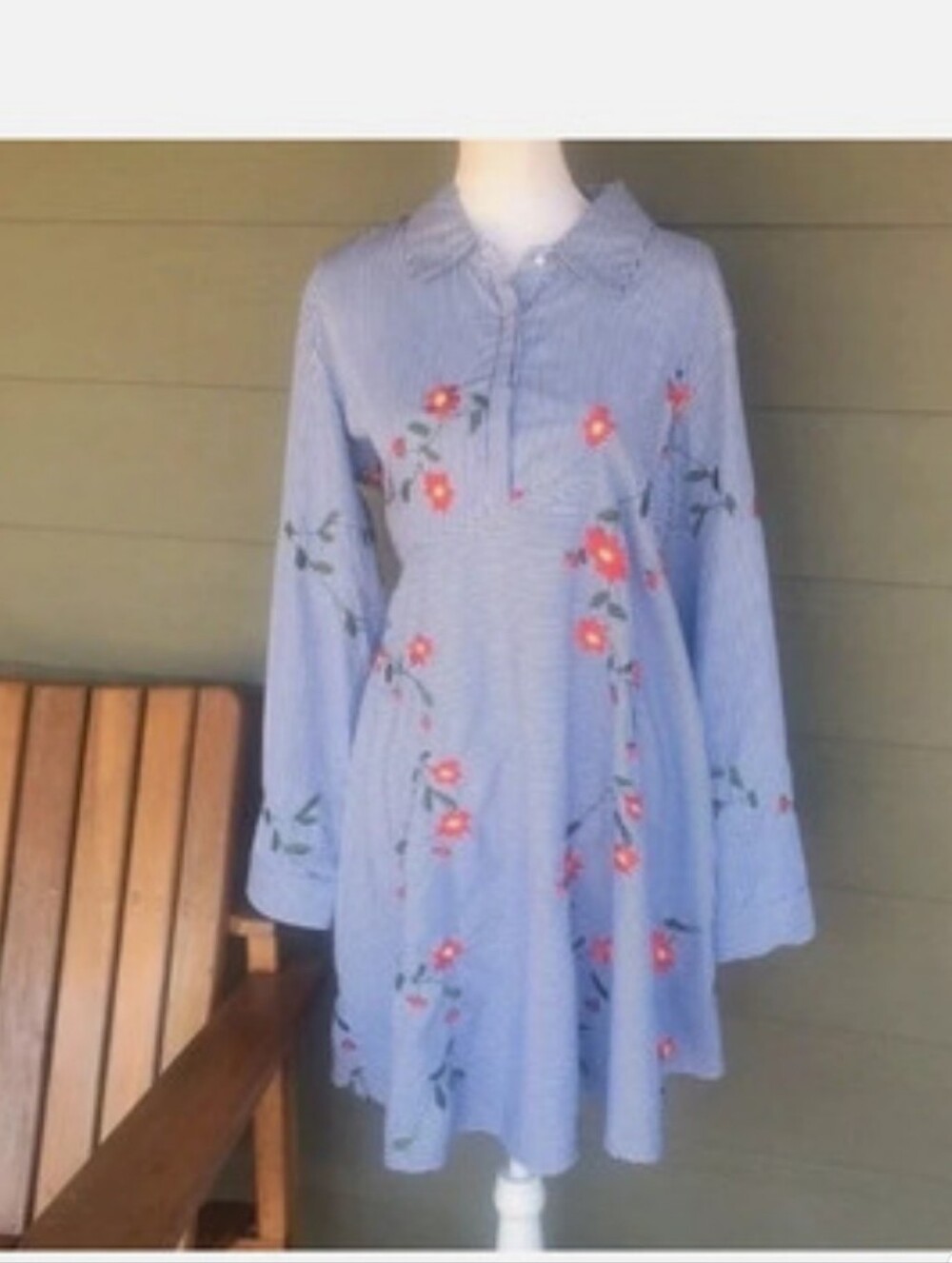 Blue Striped Floral Embroidered Long Sleeve Dress